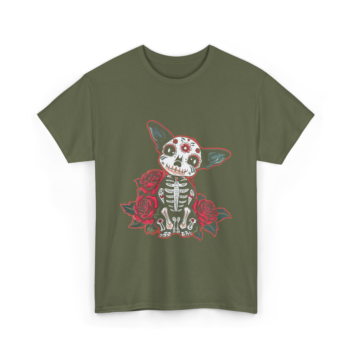 Calavera Chihuahua Skeleton Dog Roses T-Shirt - Military Green