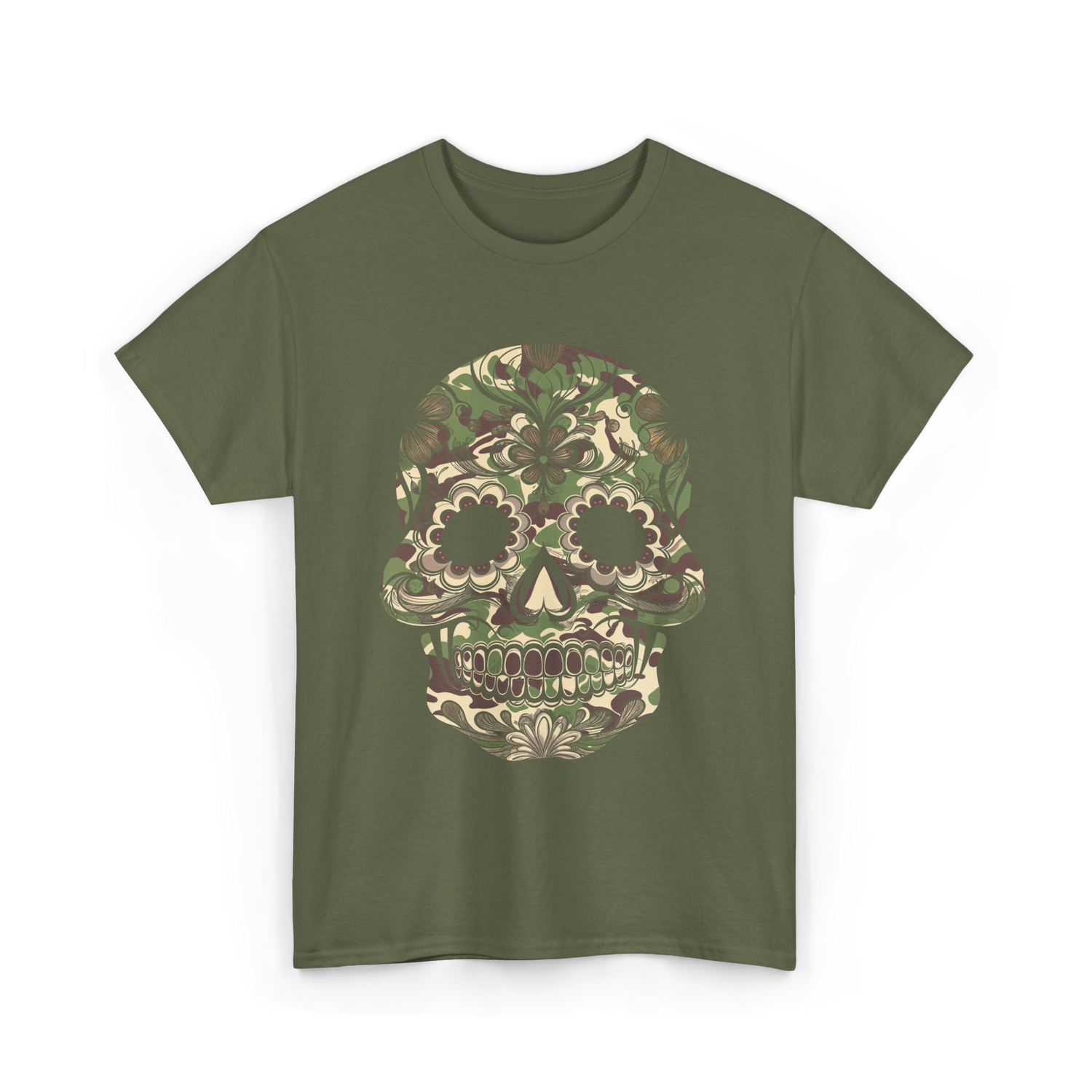 Camo Skull Sugar Skull Halloween T-Shirt - Military Green