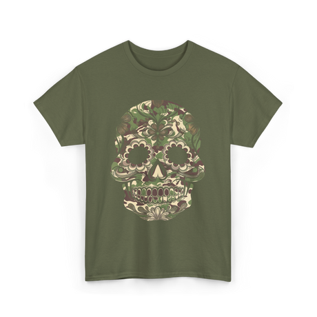 Camo Skull Sugar Skull Halloween T-Shirt - Military Green