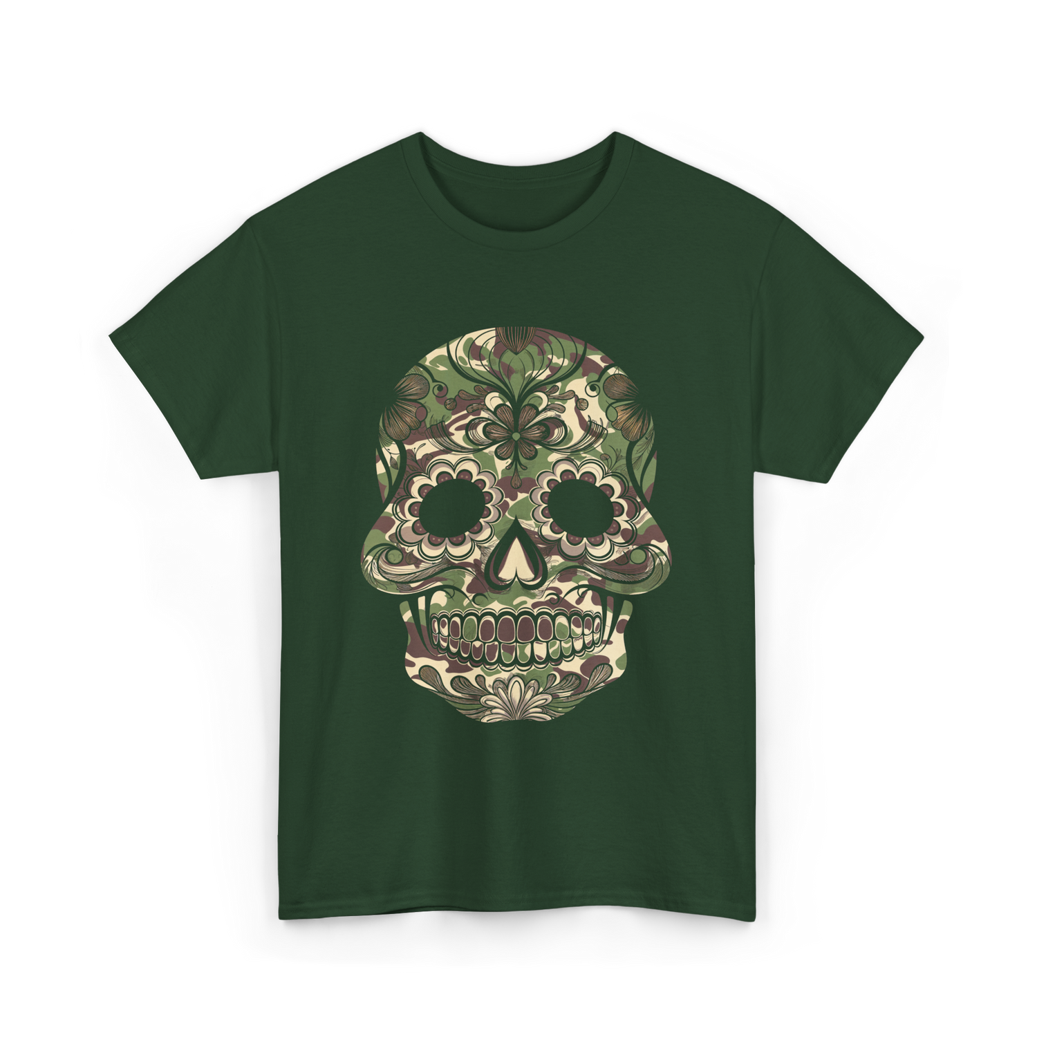 Camo Skull Sugar Skull Halloween T-Shirt - Forest Green
