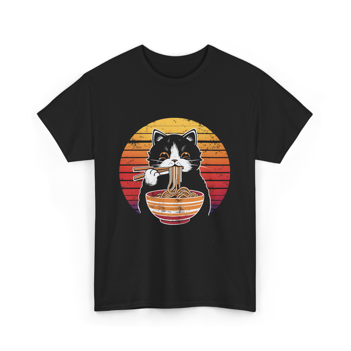 Cat Eating Noodles Cat Kawaii T-Shirt - Black