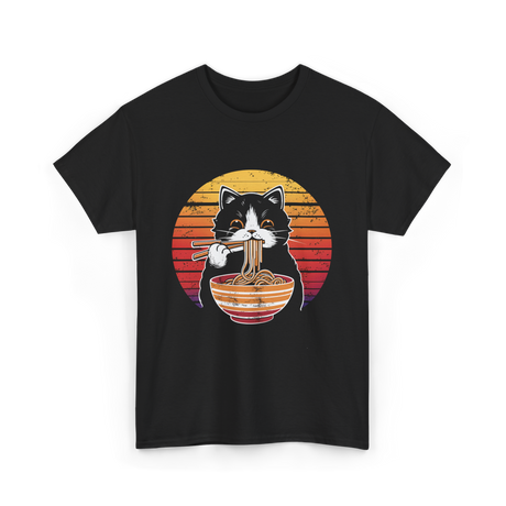 Cat Eating Noodles Cat Kawaii T-Shirt - Black