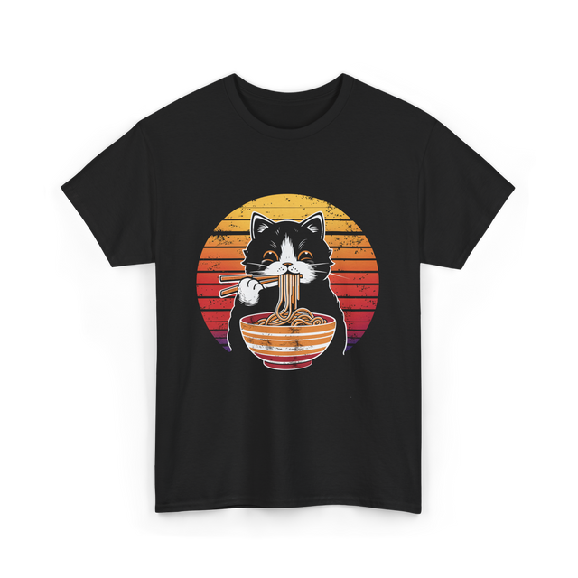 Cat Eating Noodles Cat Kawaii T-Shirt - Black