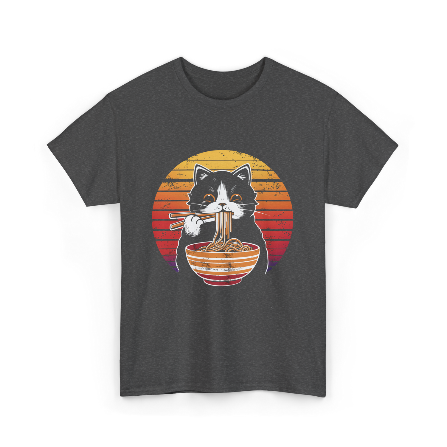 Cat Eating Noodles Cat Kawaii T-Shirt - Dark Heather