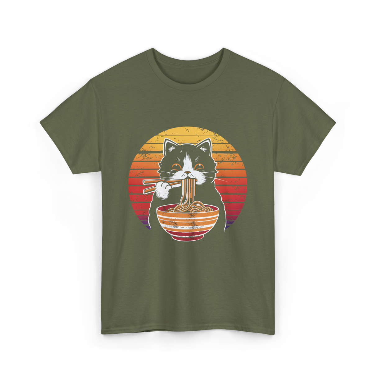 Cat Eating Noodles Cat Kawaii T-Shirt - Military Green