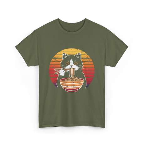 Cat Eating Noodles Cat Kawaii T-Shirt - Military Green