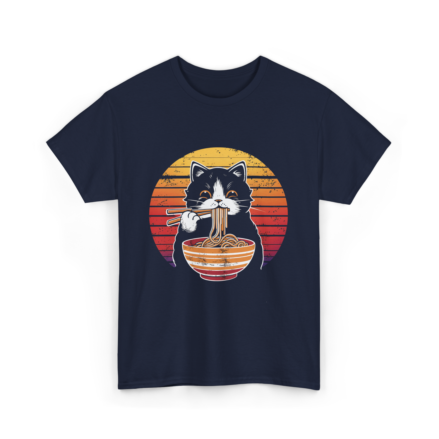 Cat Eating Noodles Cat Kawaii T-Shirt - Navy