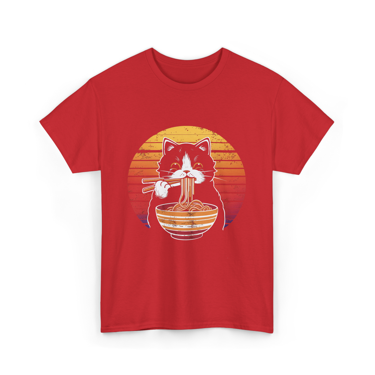 Cat Eating Noodles Cat Kawaii T-Shirt - Red