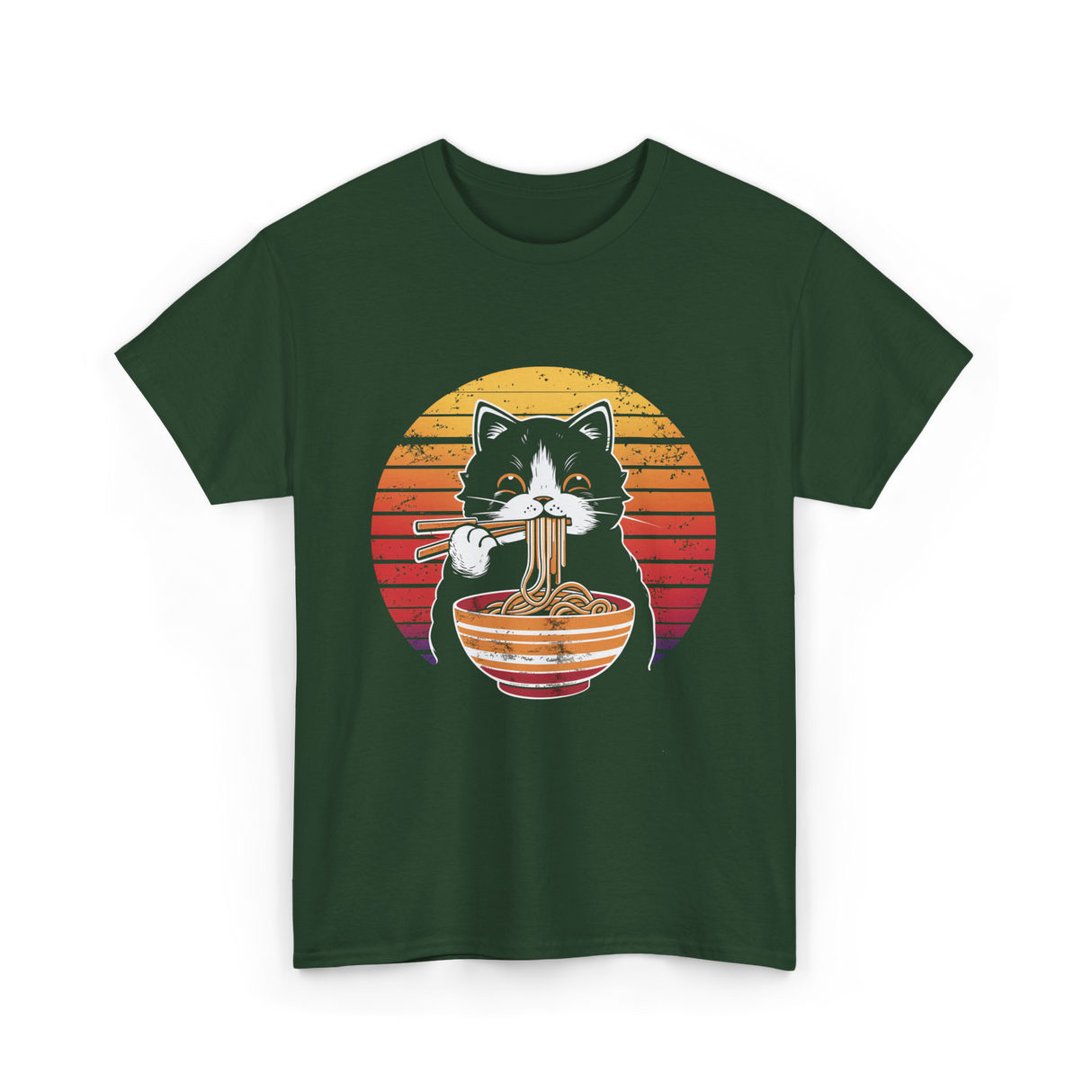 Cat Eating Noodles Cat Kawaii T-Shirt - Forest Green