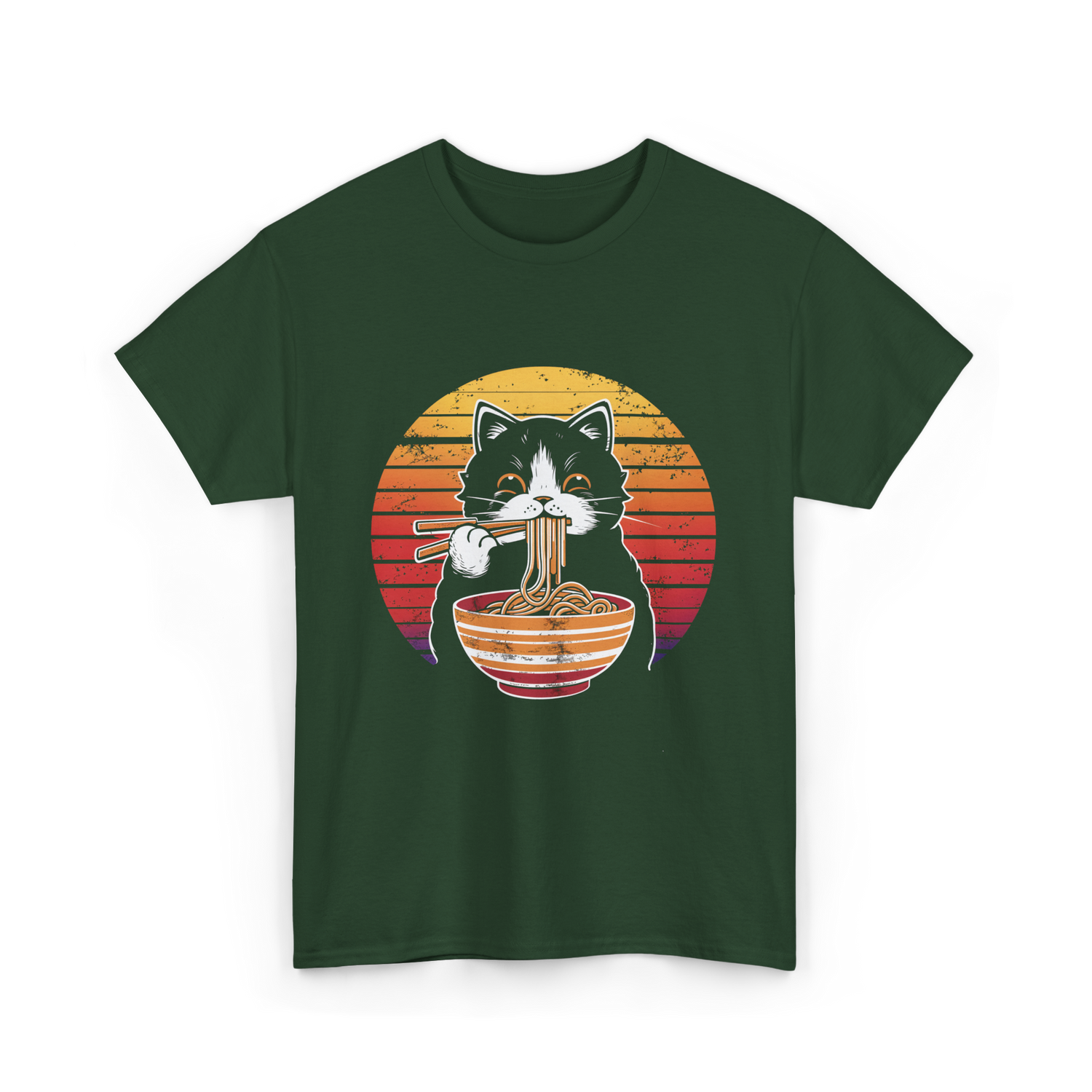 Cat Eating Noodles Cat Kawaii T-Shirt - Forest Green