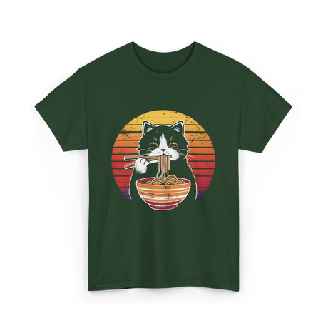 Cat Eating Noodles Cat Kawaii T-Shirt - Forest Green