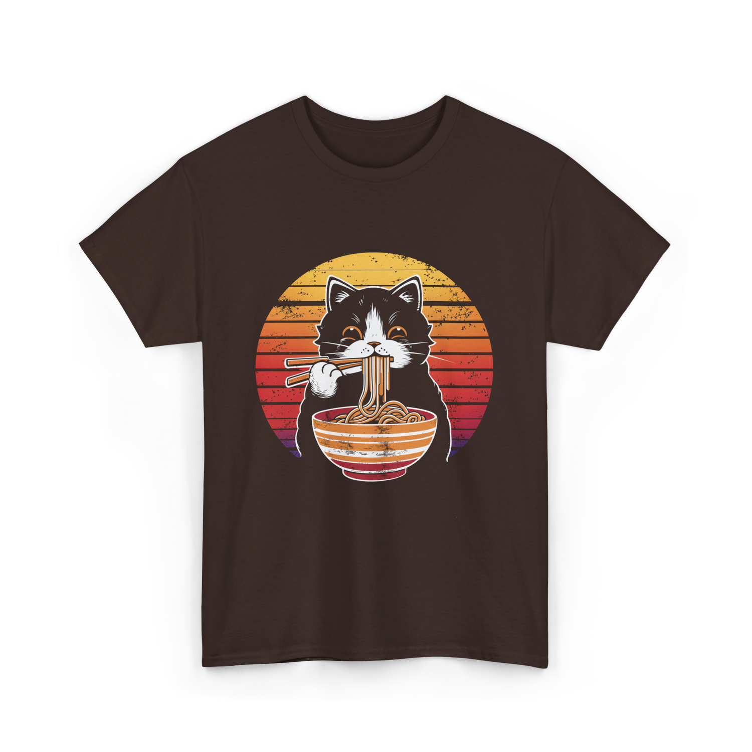 Cat Eating Noodles Cat Kawaii T-Shirt - Dark Chocolate