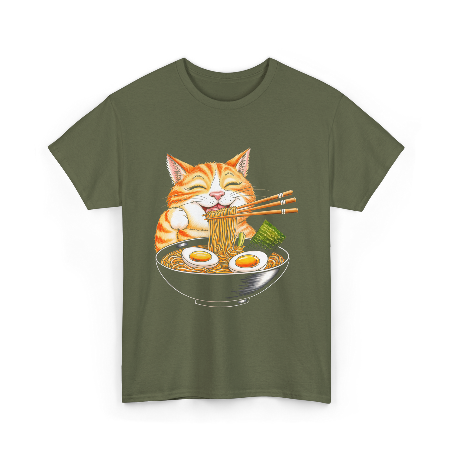 Cat Eating Ramen Japanese Cat T-Shirt - Military Green