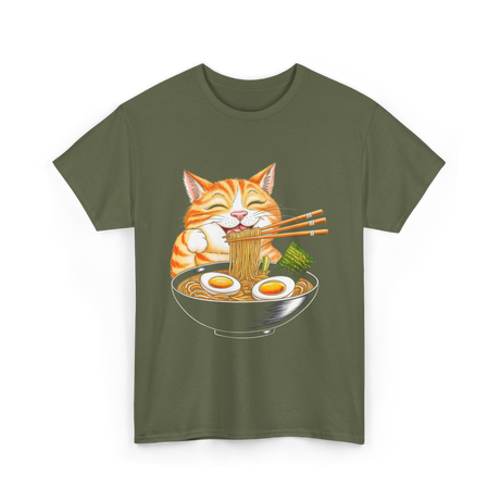 Cat Eating Ramen Japanese Cat T-Shirt - Military Green