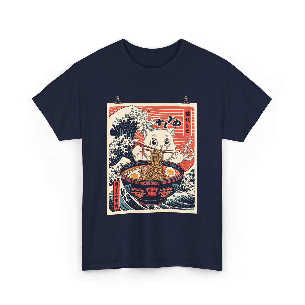 Cat Eating Ramen Kawaii Anime T-Shirt - Navy
