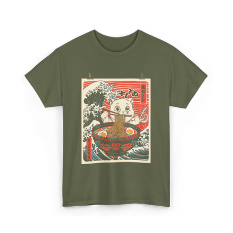 Cat Eating Ramen Kawaii Anime T-Shirt - Military Green