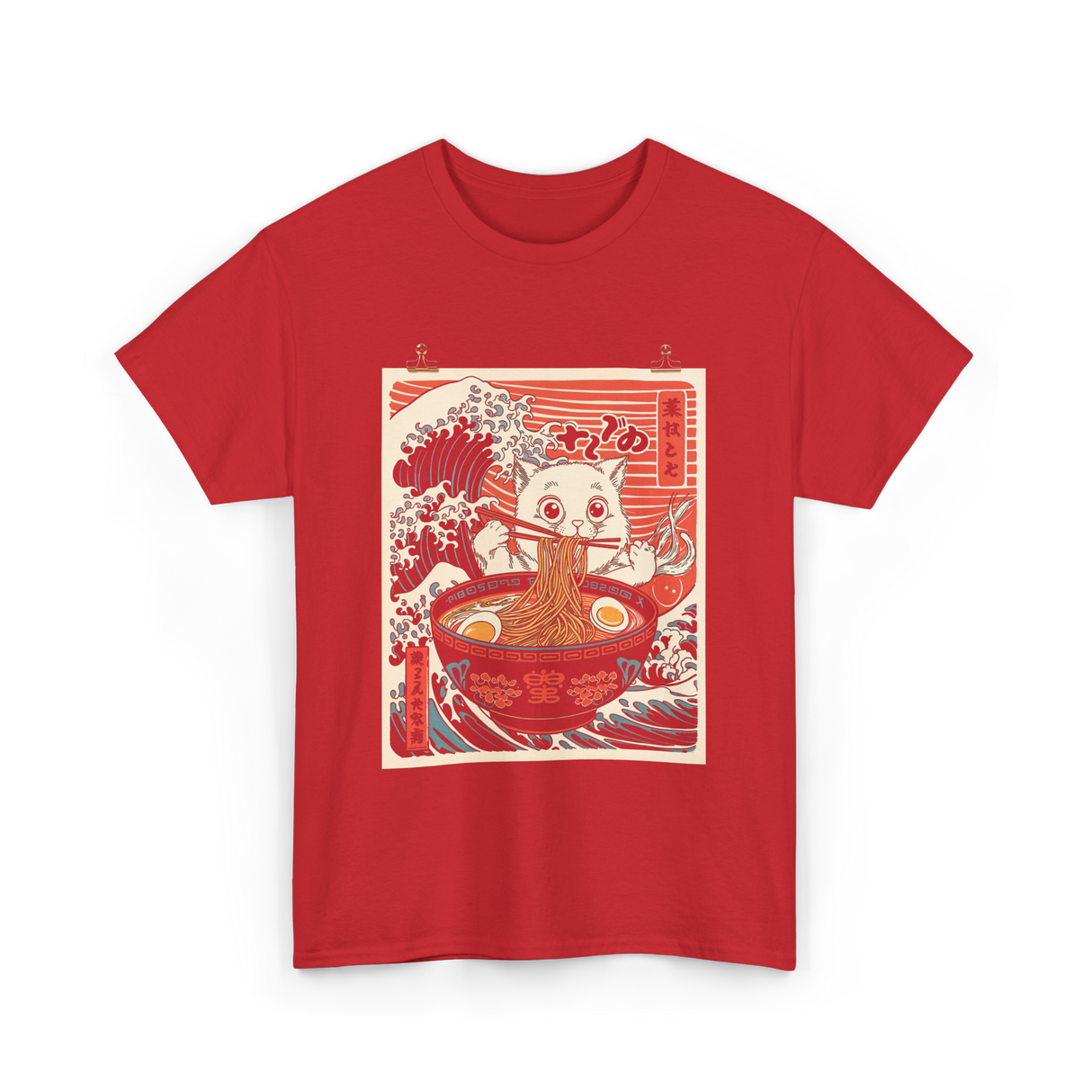 Cat Eating Ramen Kawaii Anime T-Shirt - Red
