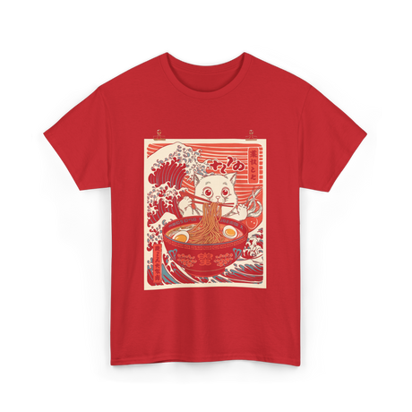 Cat Eating Ramen Kawaii Anime T-Shirt - Red