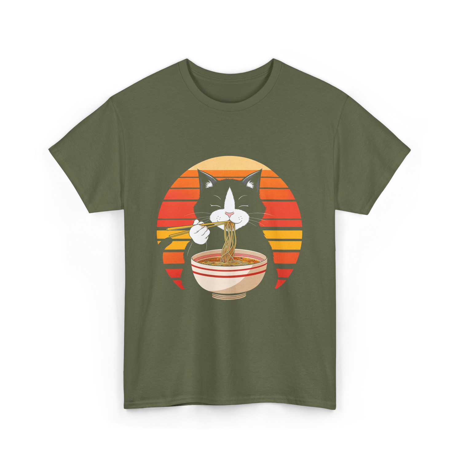 Cat Eating Ramen Noodles Cat Lover T-Shirt - Military Green