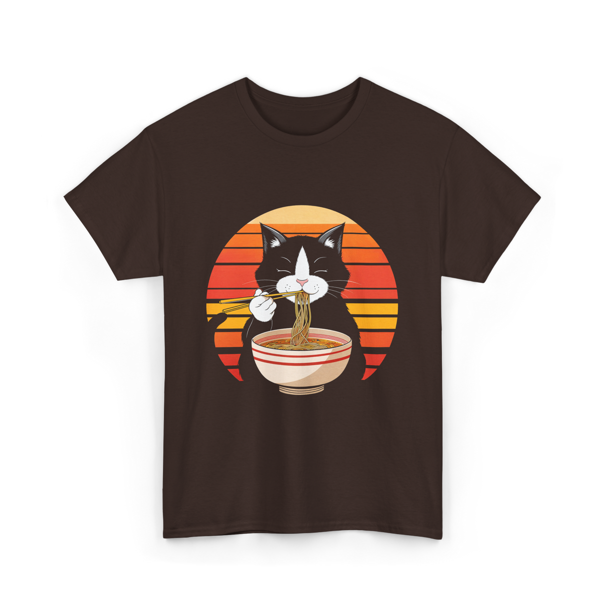 Cat Eating Ramen Noodles Cat Lover T-Shirt - Dark Chocolate