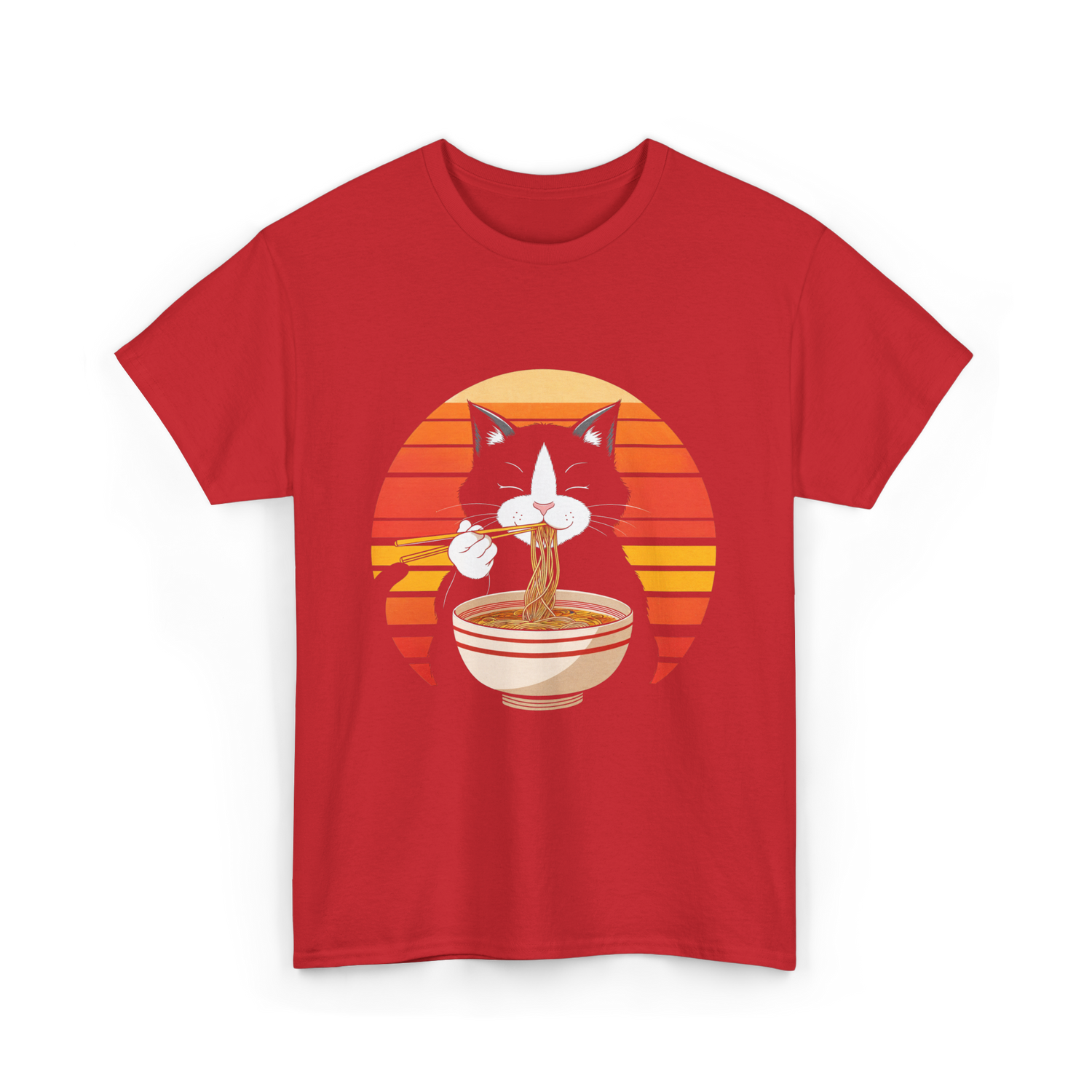 Cat Eating Ramen Noodles Cat Lover T-Shirt - Red