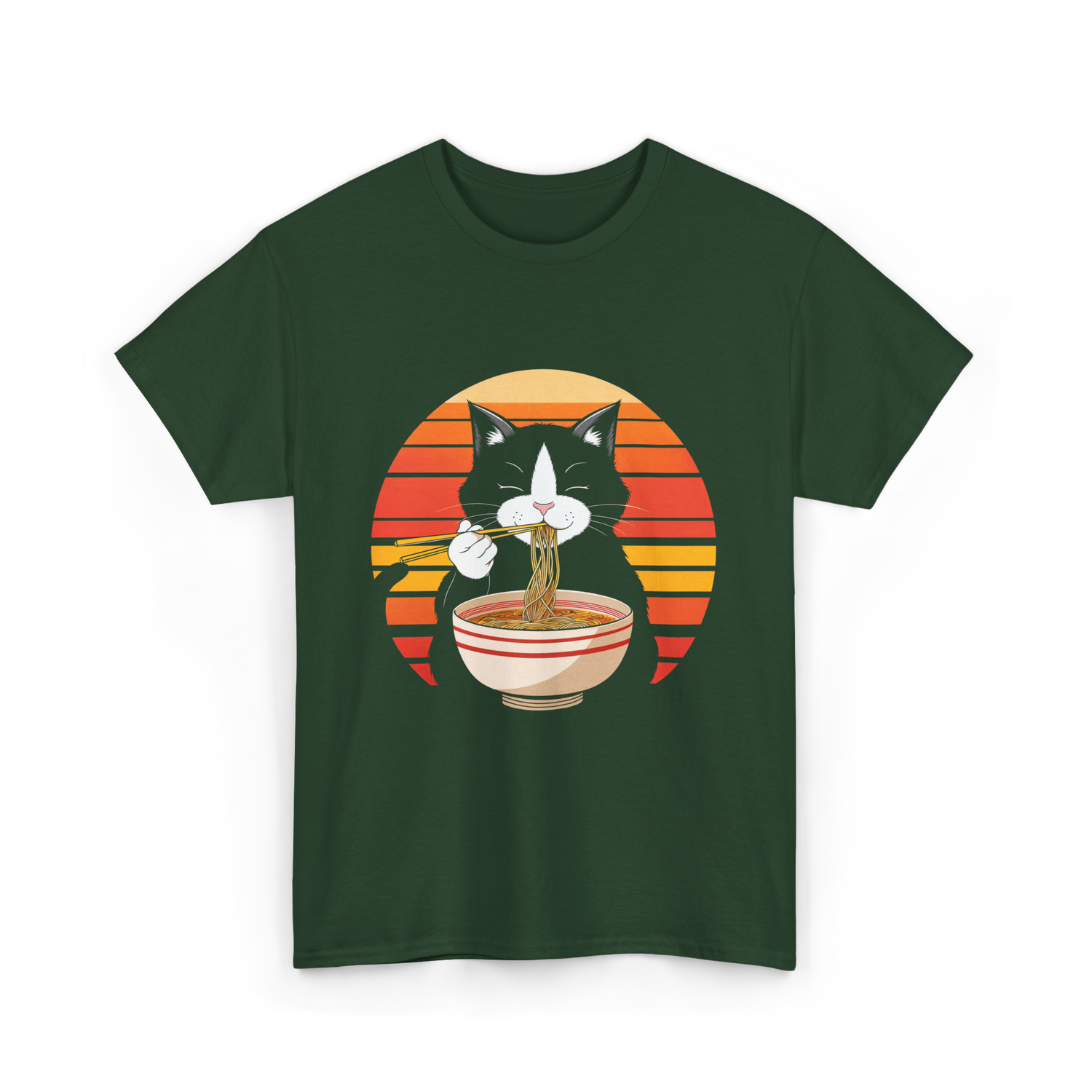 Cat Eating Ramen Noodles Cat Lover T-Shirt - Forest Green