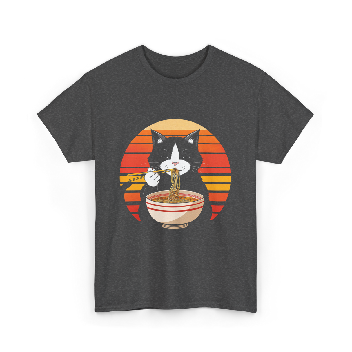 Cat Eating Ramen Noodles Cat Lover T-Shirt - Dark Heather