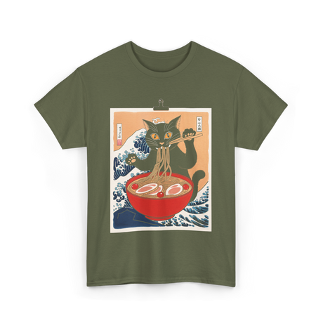 Cat Ramen Japanese Cat T-Shirt - Military Green