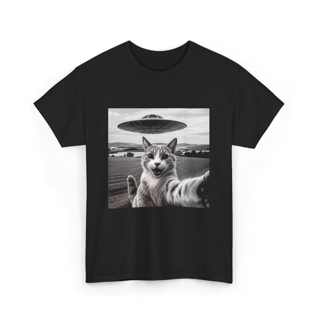 Cat Selfie Alien UFO Cat T-Shirt - Black