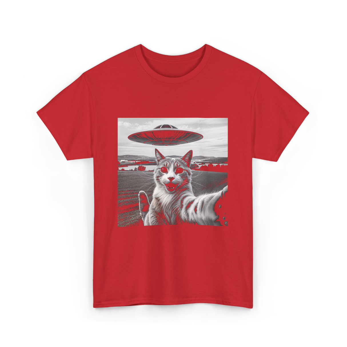 Cat Selfie Alien UFO Cat T-Shirt - Red