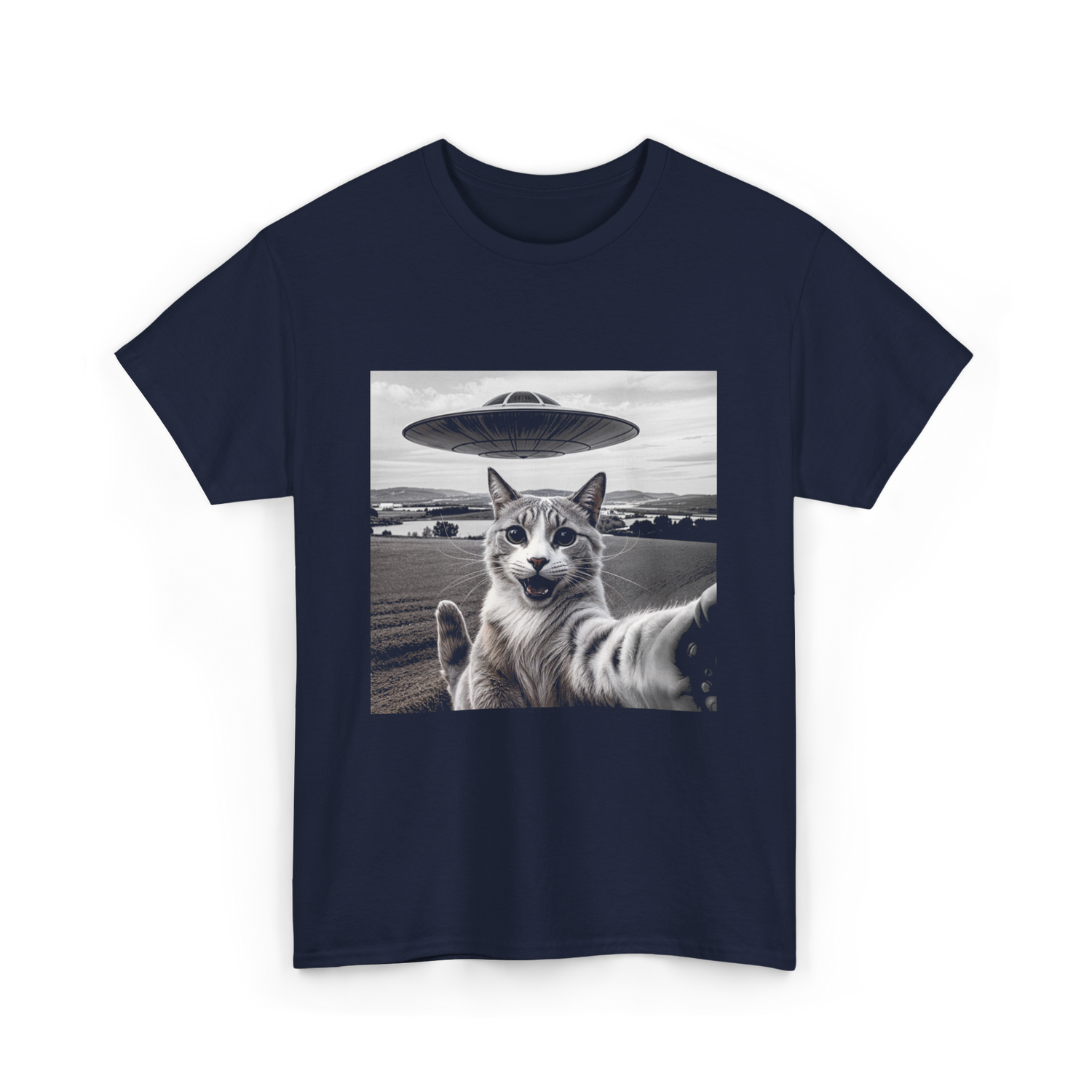 Cat Selfie Alien UFO Cat T-Shirt - Navy