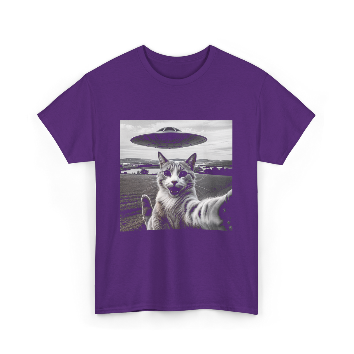 Cat Selfie Alien UFO Cat T-Shirt - Purple