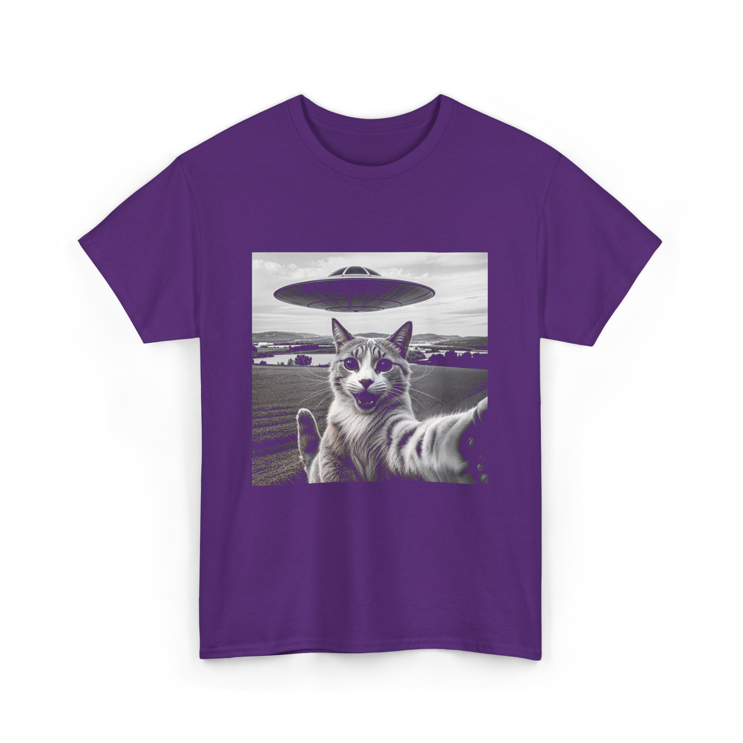 Cat Selfie Alien UFO Cat T-Shirt - Purple