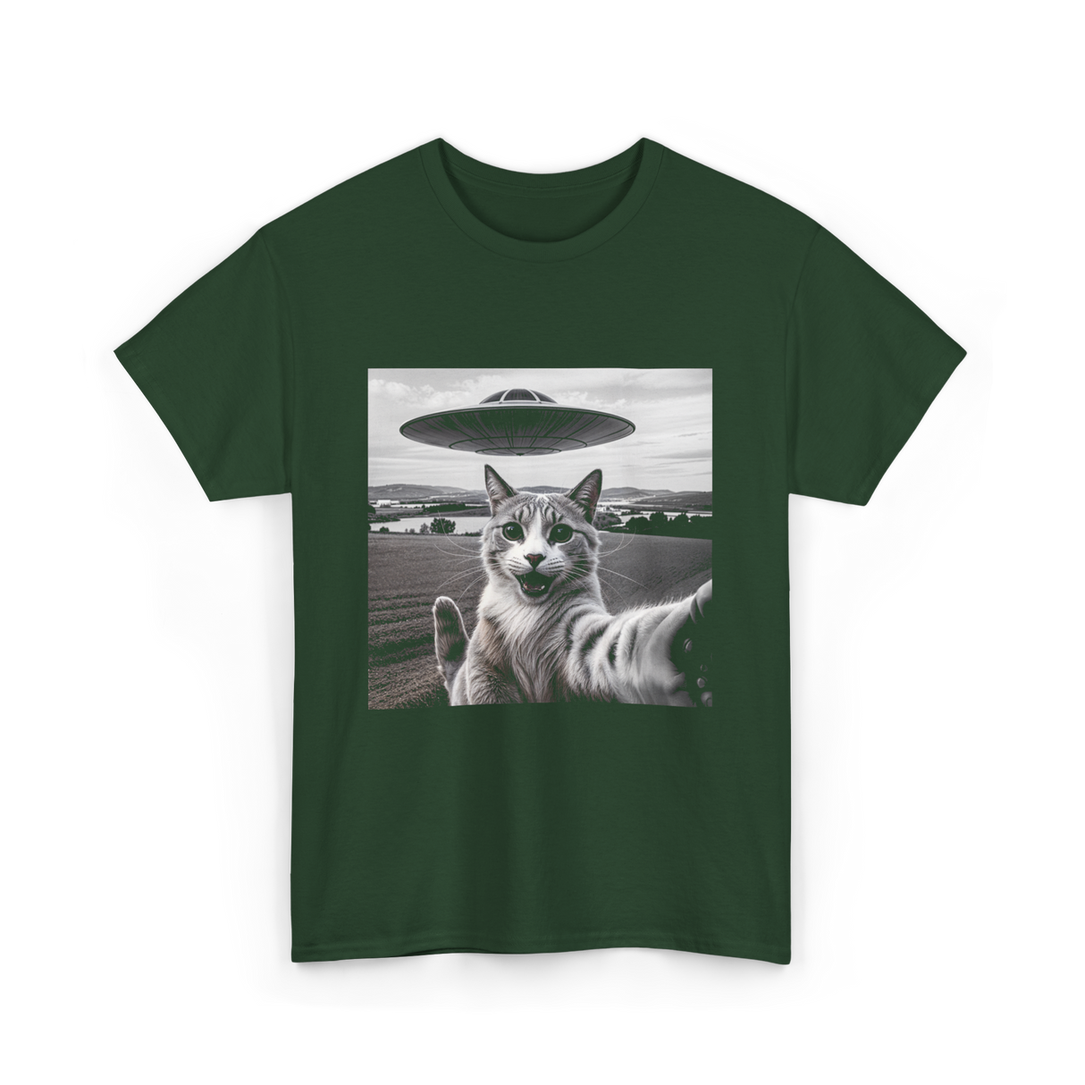 Cat Selfie Alien UFO Cat T-Shirt - Forest Green