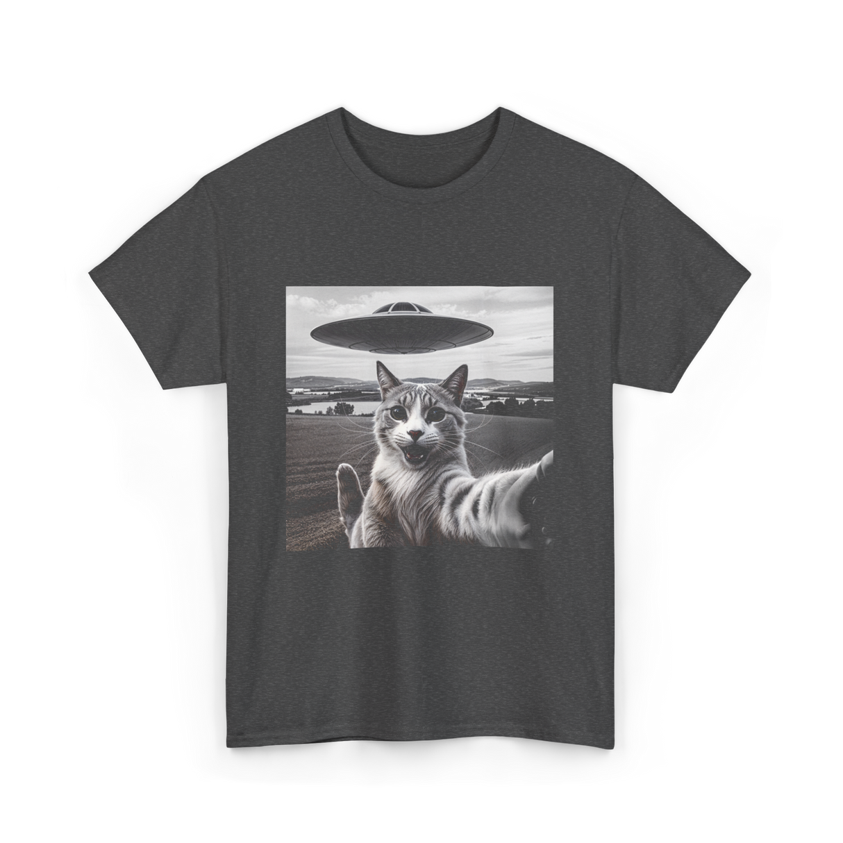 Cat Selfie Alien UFO Cat T-Shirt - Dark Heather