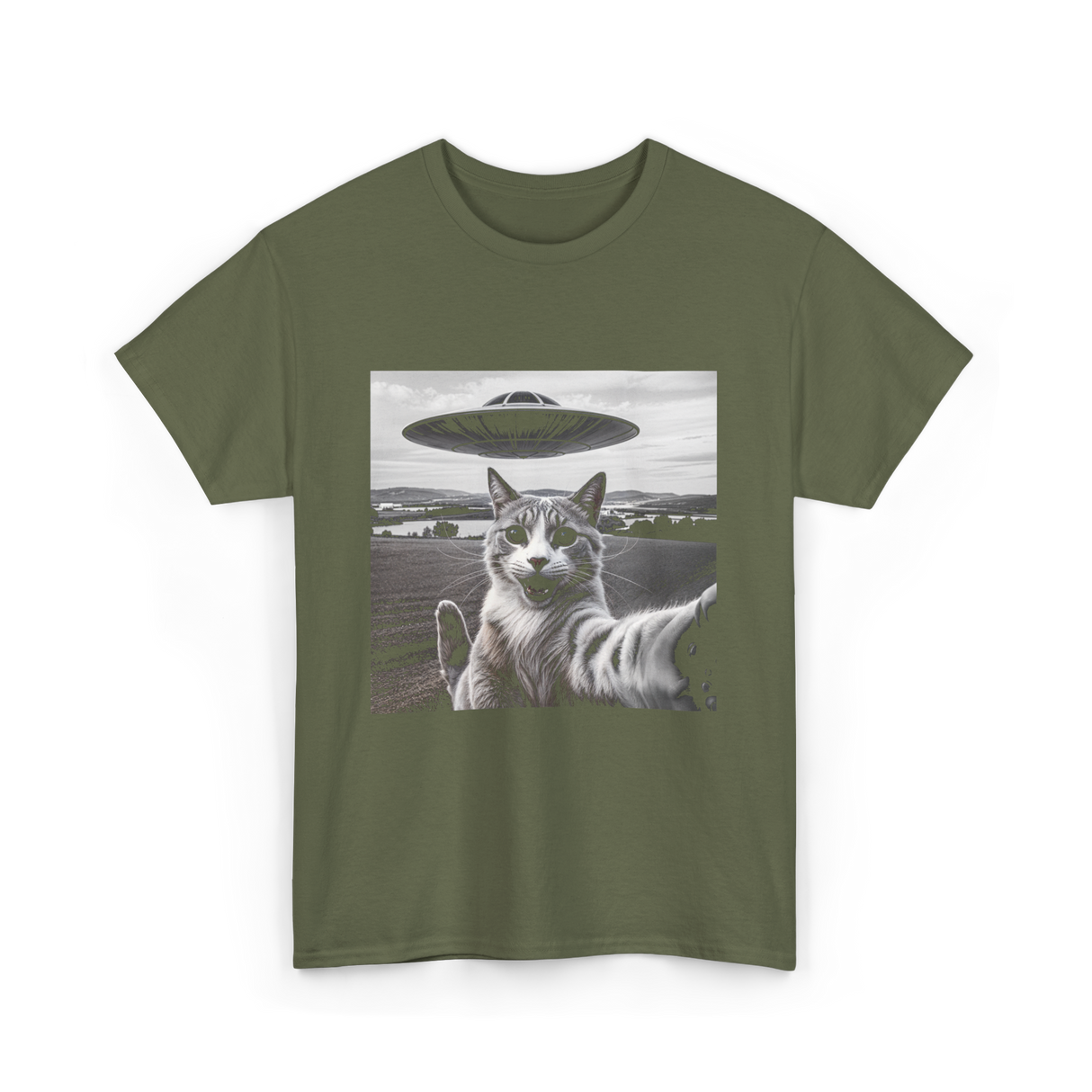 Cat Selfie Alien UFO Cat T-Shirt - Military Green