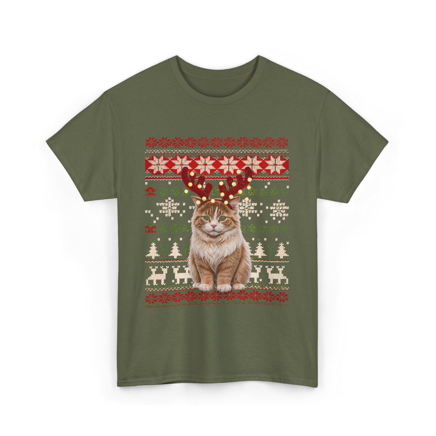 Christmas Cat Reindeer Cat Lover T-Shirt - Military Green