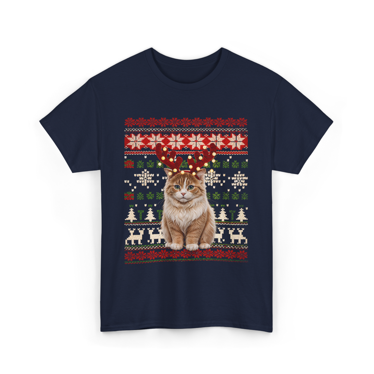 Christmas Cat Reindeer Cat Lover T-Shirt - Navy