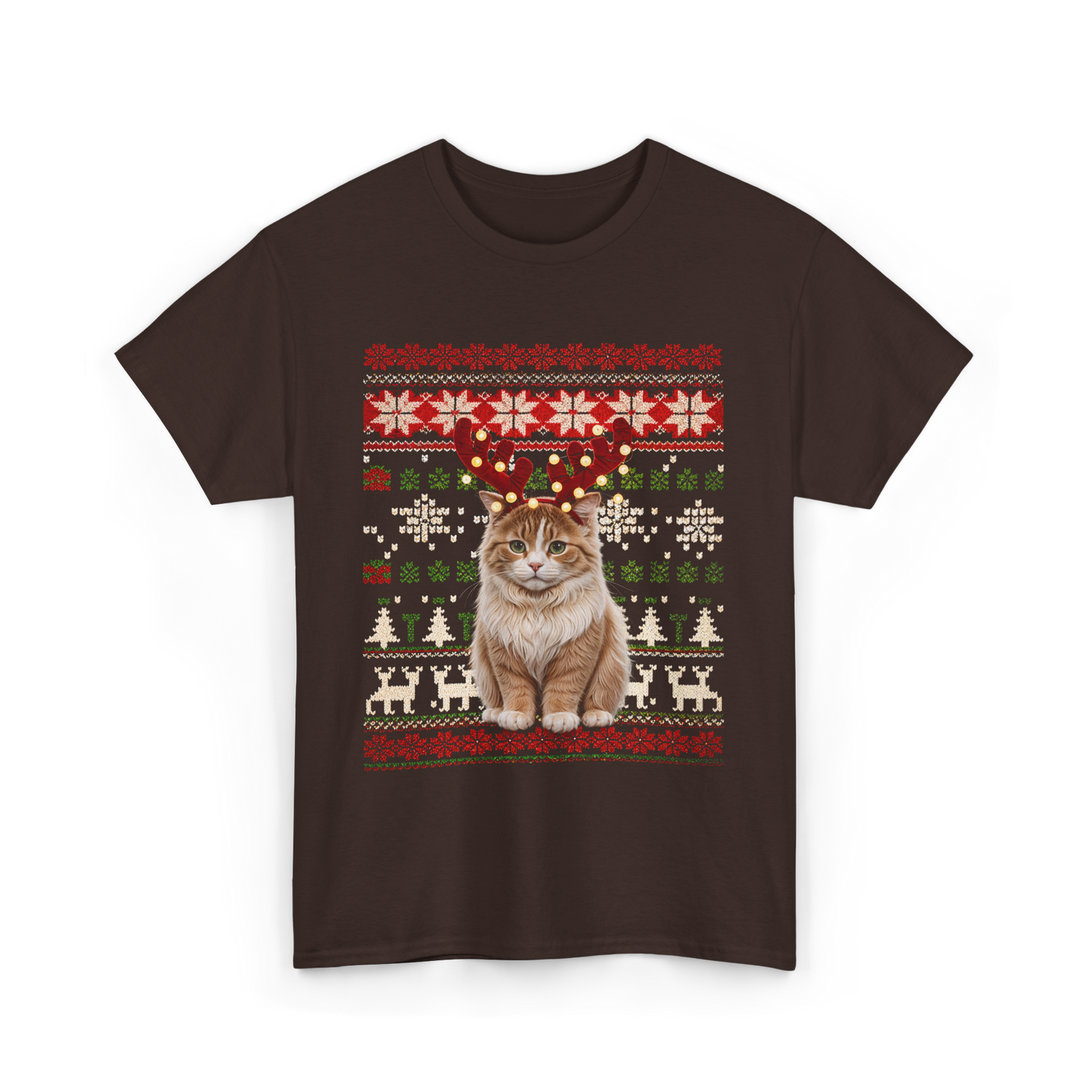 Christmas Cat Reindeer Cat Lover T-Shirt - Dark Chocolate