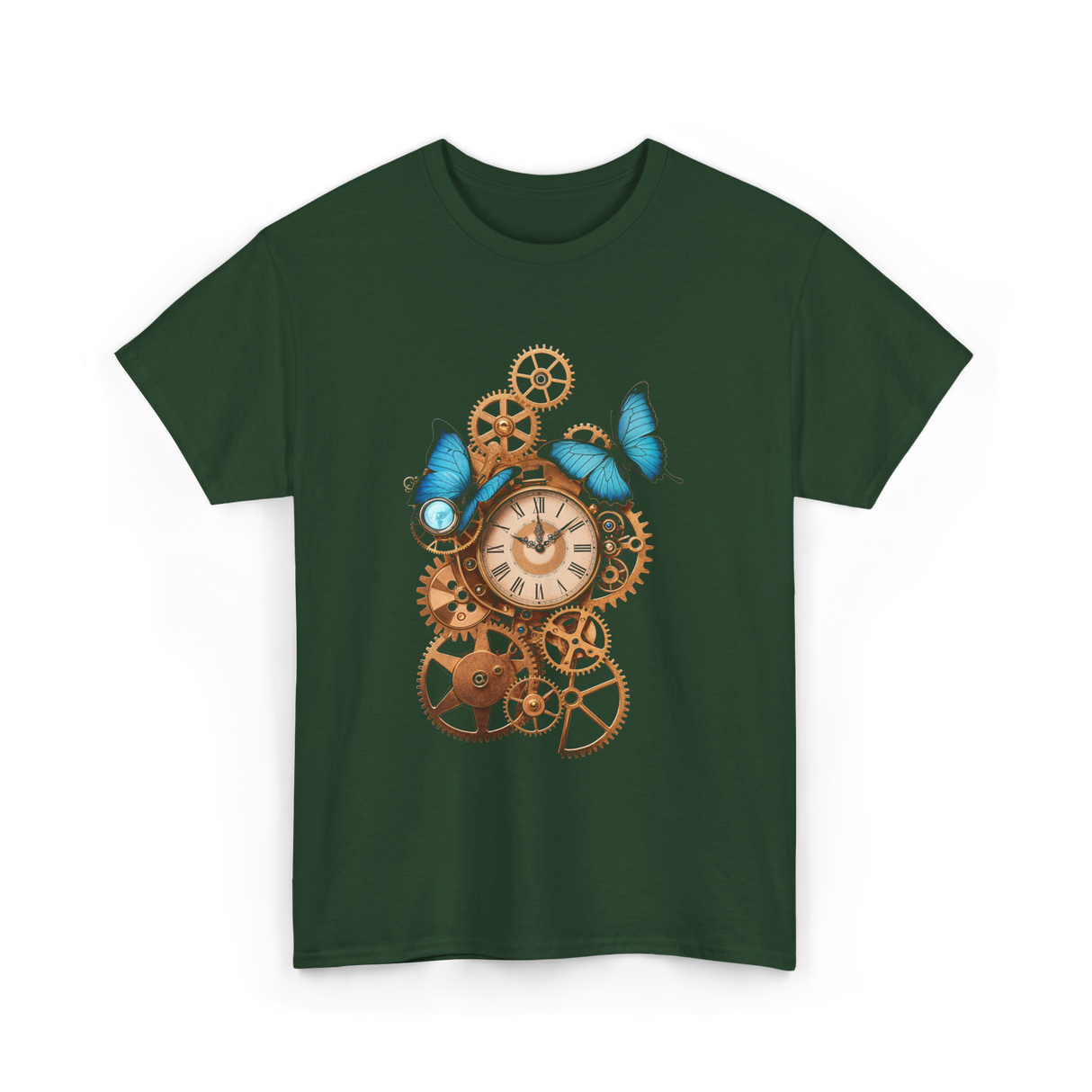 Clock Gear Butterfly Steampunk Design T-Shirt - Forest Green