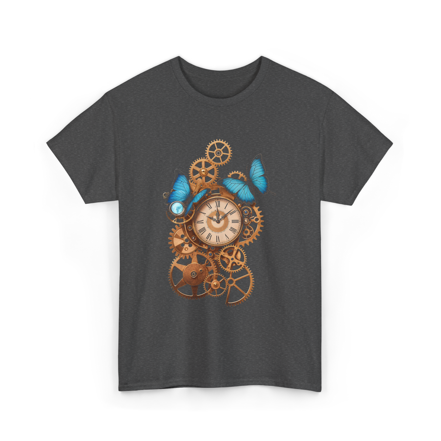 Clock Gear Butterfly Steampunk Design T-Shirt - Dark Heather