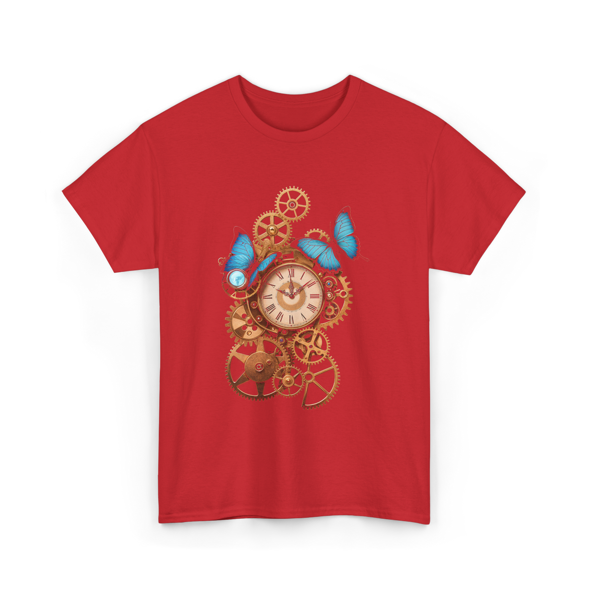 Clock Gear Butterfly Steampunk Design T-Shirt - Red