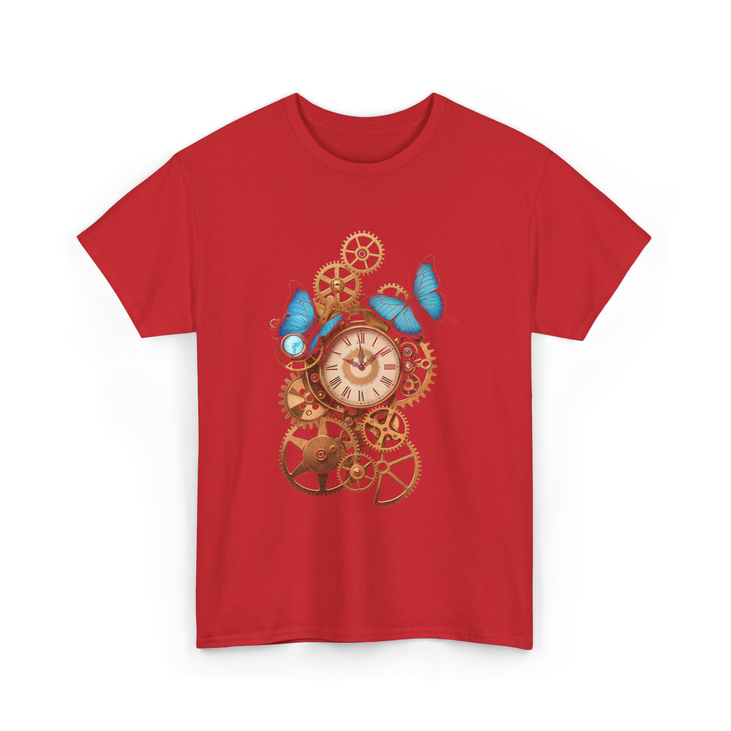 Clock Gear Butterfly Steampunk Design T-Shirt - Red