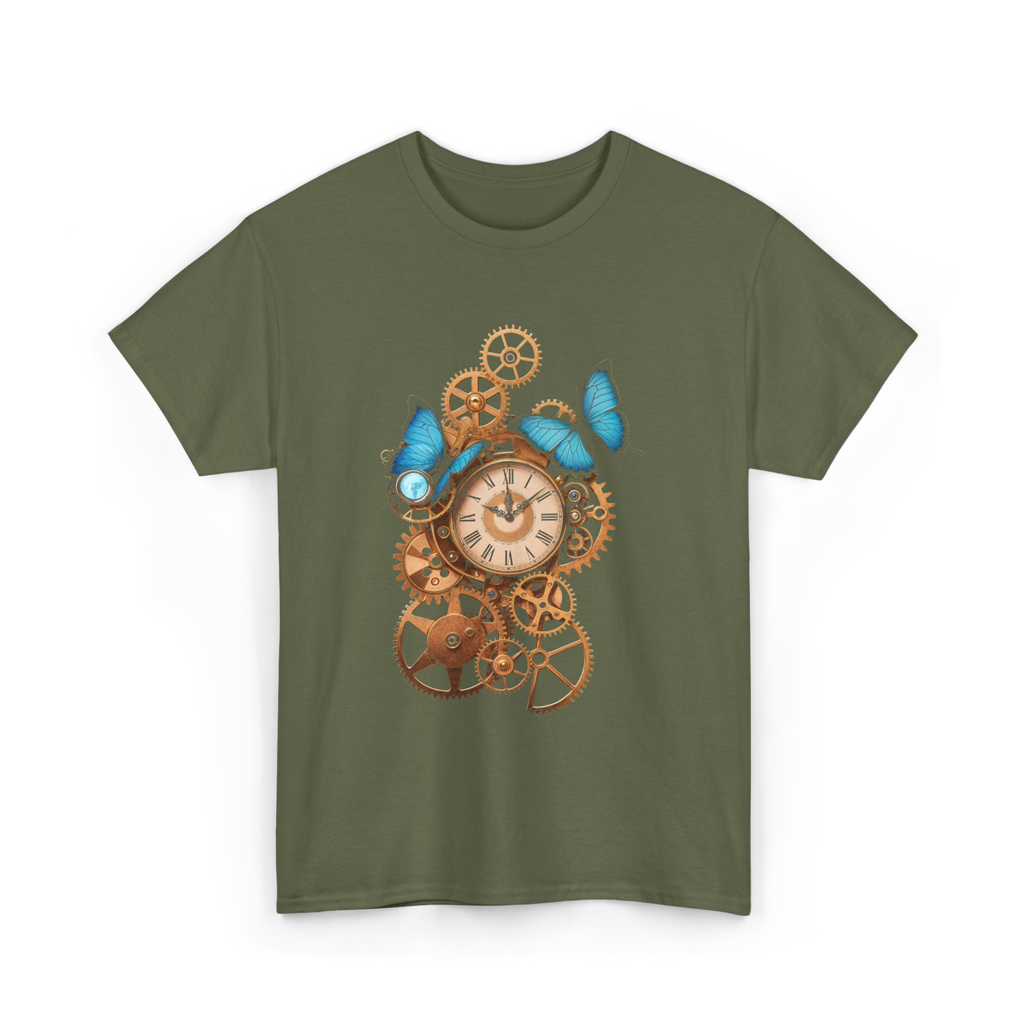 Clock Gear Butterfly Steampunk Design T-Shirt - Military Green
