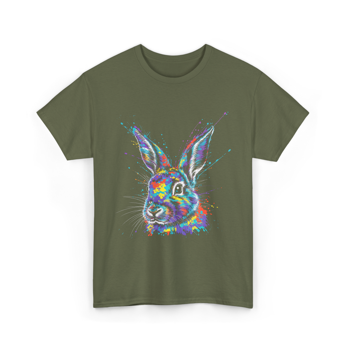 Colorful Bunny Rabbit Art T-Shirt - Military Green