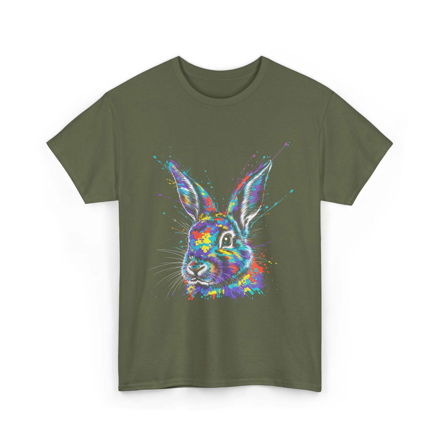 Colorful Bunny Rabbit Art T-Shirt - Military Green