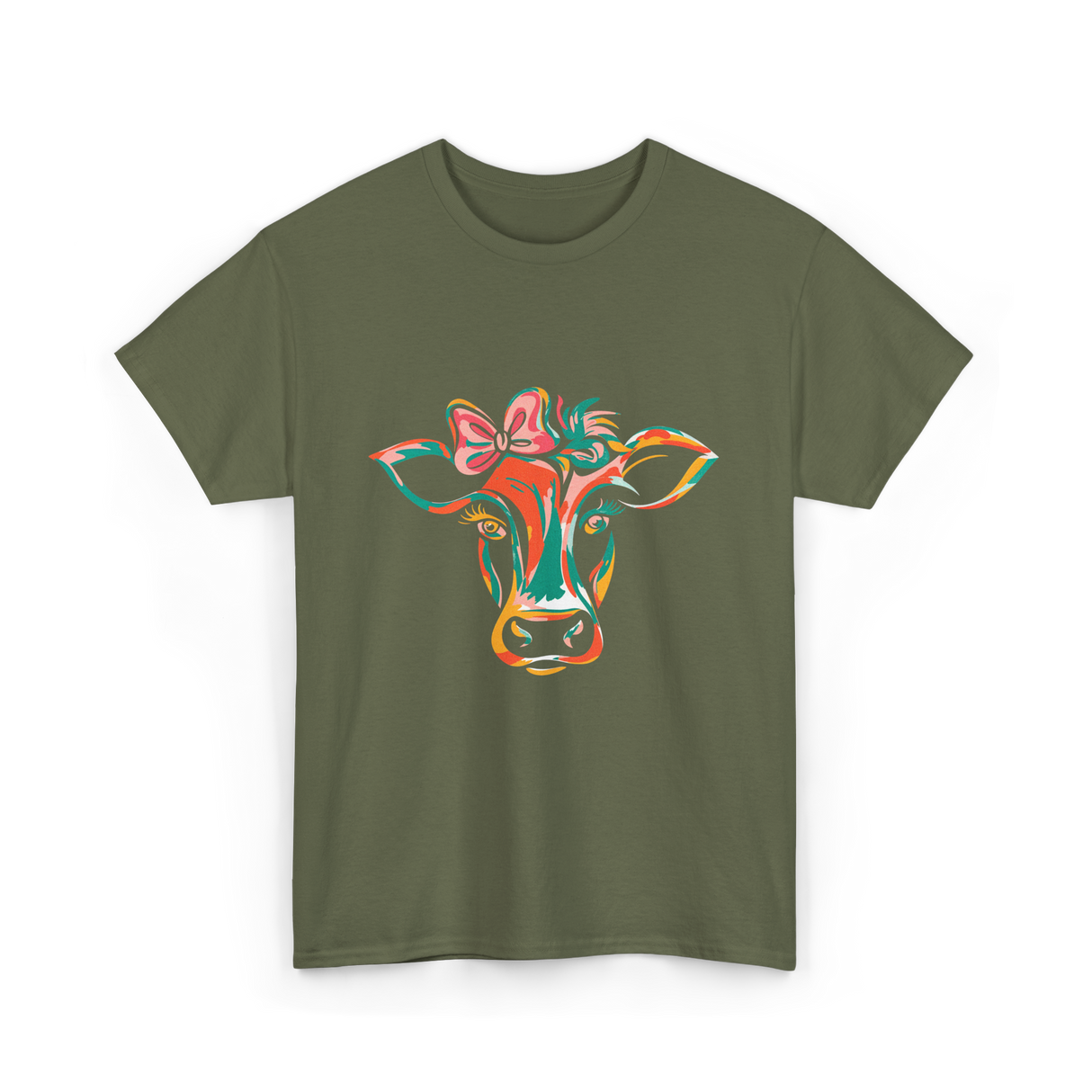 Colorful Cow Art Cow Decor T-Shirt - Military Green
