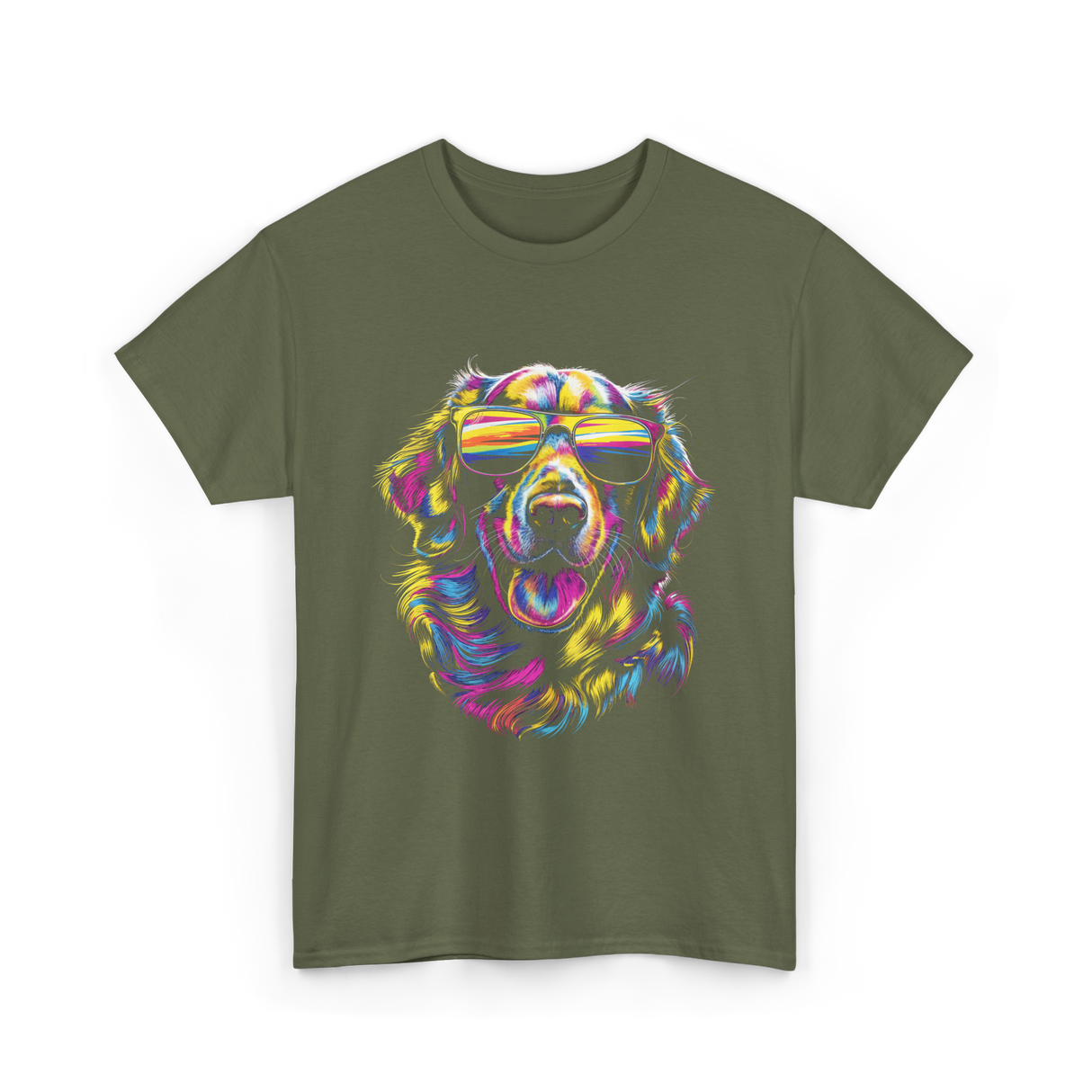 Colorful Golden Retriever Dog Art T-Shirt - Military Green
