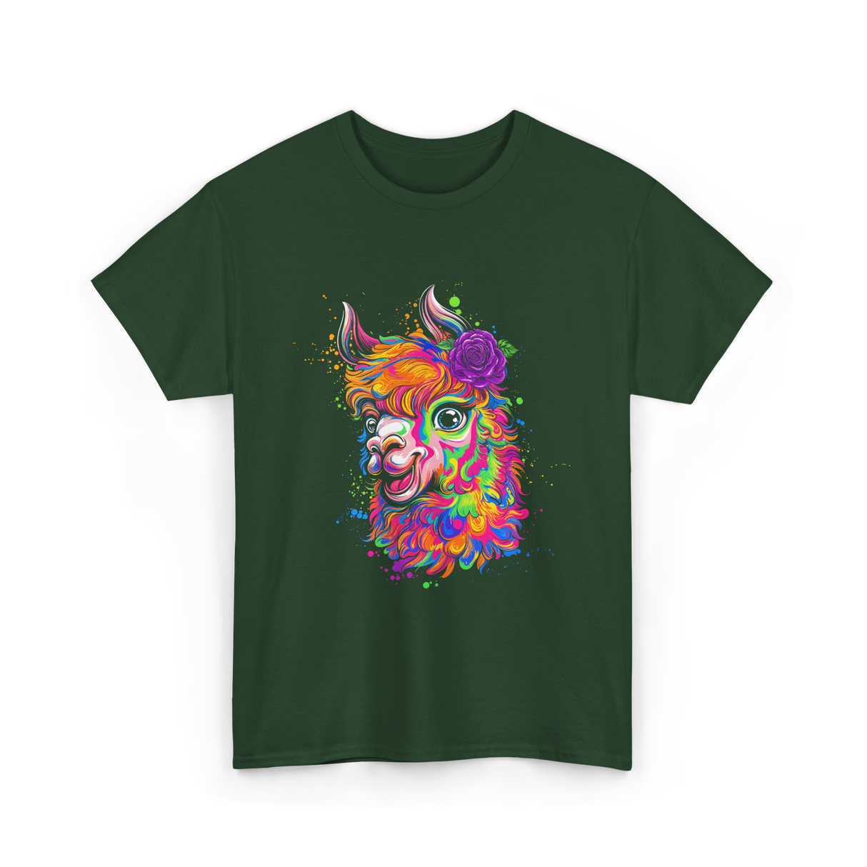 Colorful Llama Art Llama T-Shirt - Forest Green