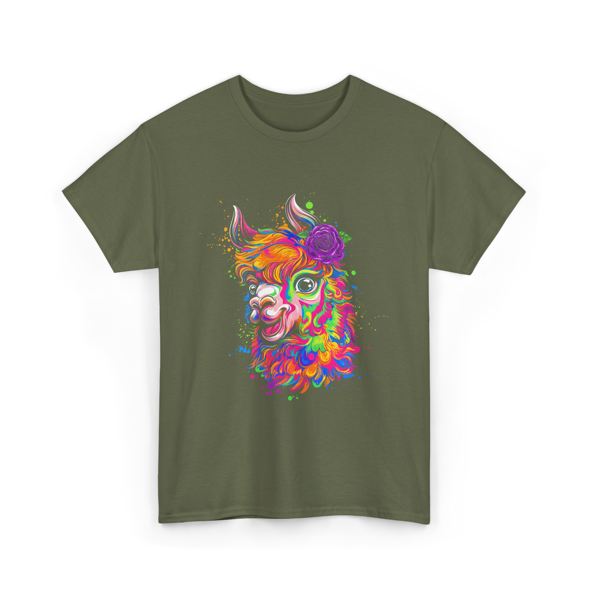 Colorful Llama Art Llama T-Shirt - Military Green